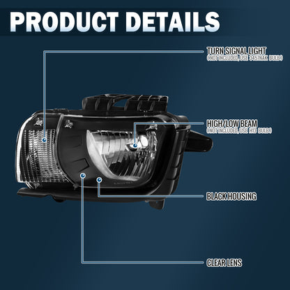 2010-2013 Chevy Camaro Halogen Headlights Pair | Black