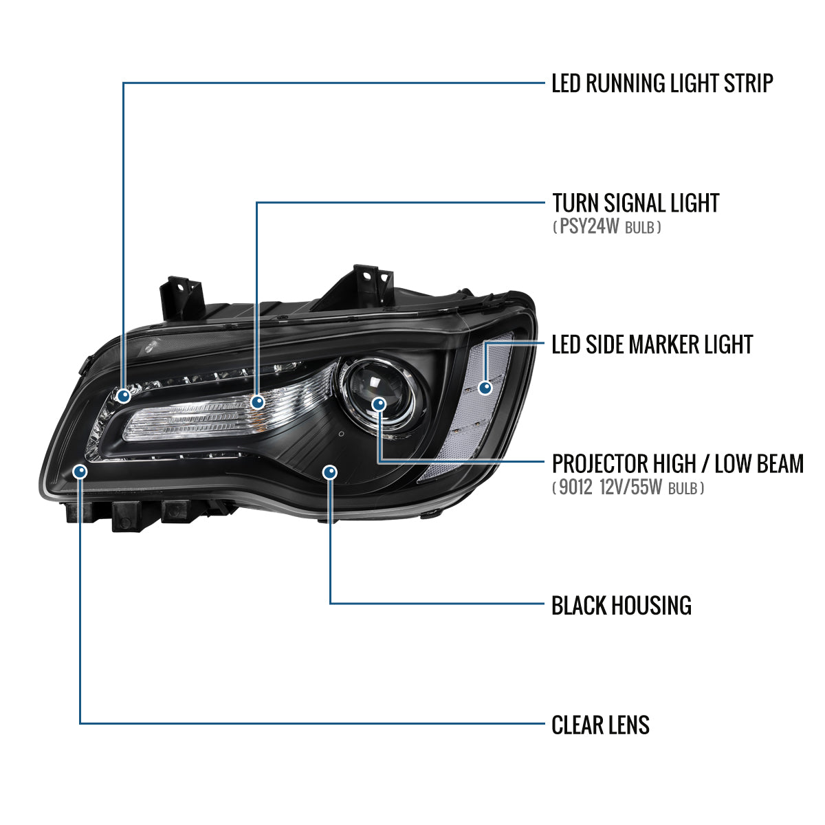 2011-2014 Chrysler 300 Projector Headlights LED DRL Halogen Style Replacement Pair | Black