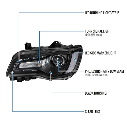 2011-2014 Chrysler 300 Projector Headlights LED DRL Halogen Style Replacement Pair | Black