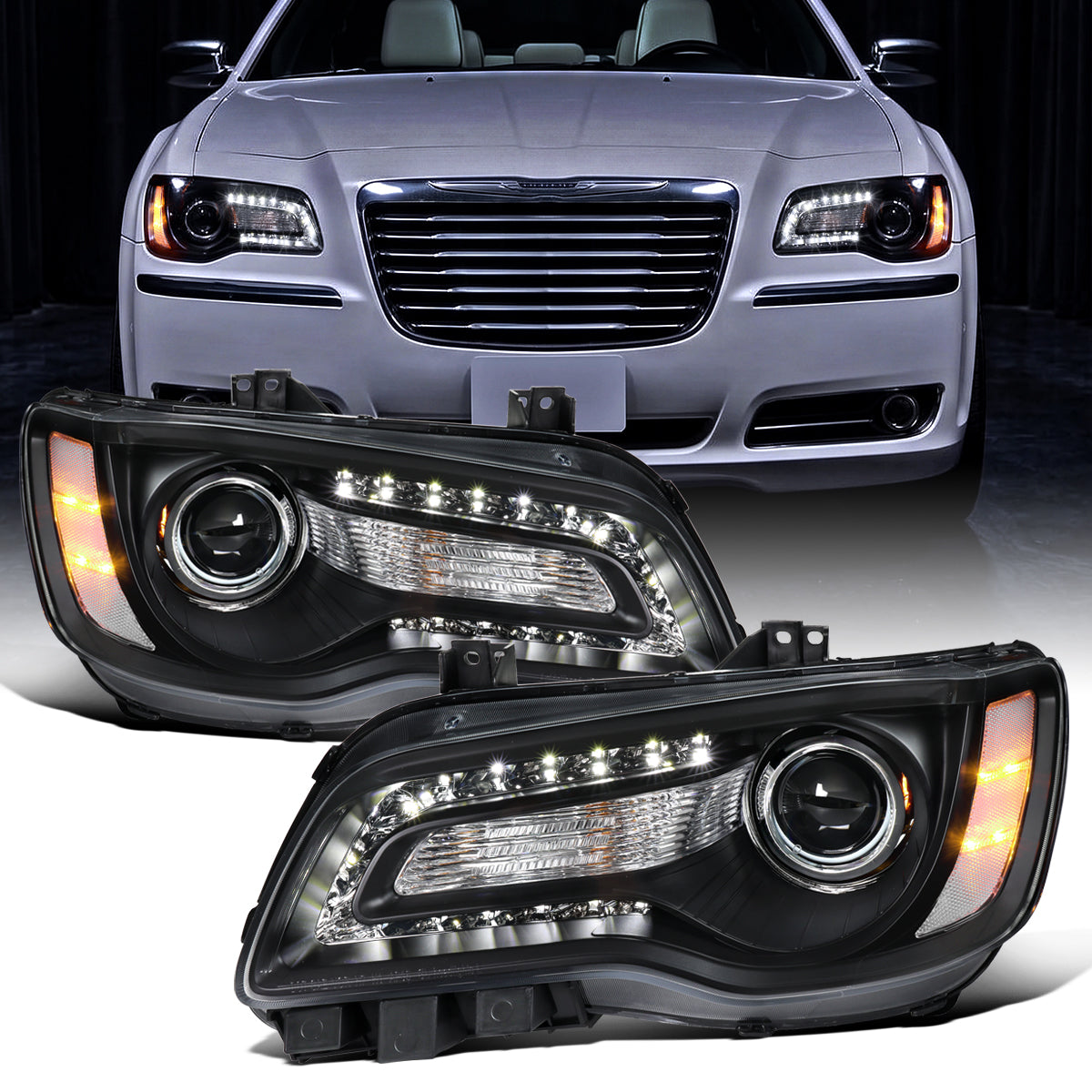 2011-2014 Chrysler 300 Projector Headlights LED DRL Halogen Style Replacement Pair | Black