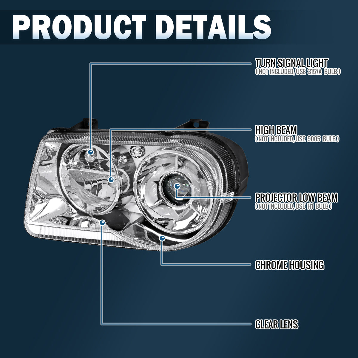 2005-2010 Chrysler 300C Projector Headlights Pair | Chrome