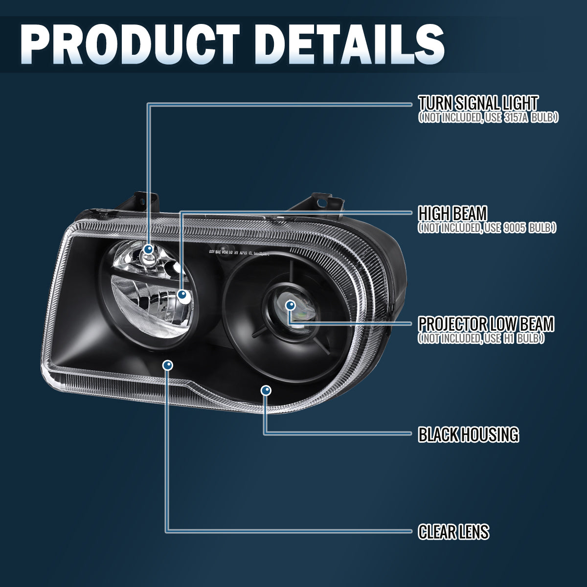 2005-2010 Chrysler 300C Halogen Projector Headlights Pair | Black