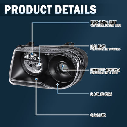 2005-2010 Chrysler 300C Halogen Projector Headlights Pair | Black