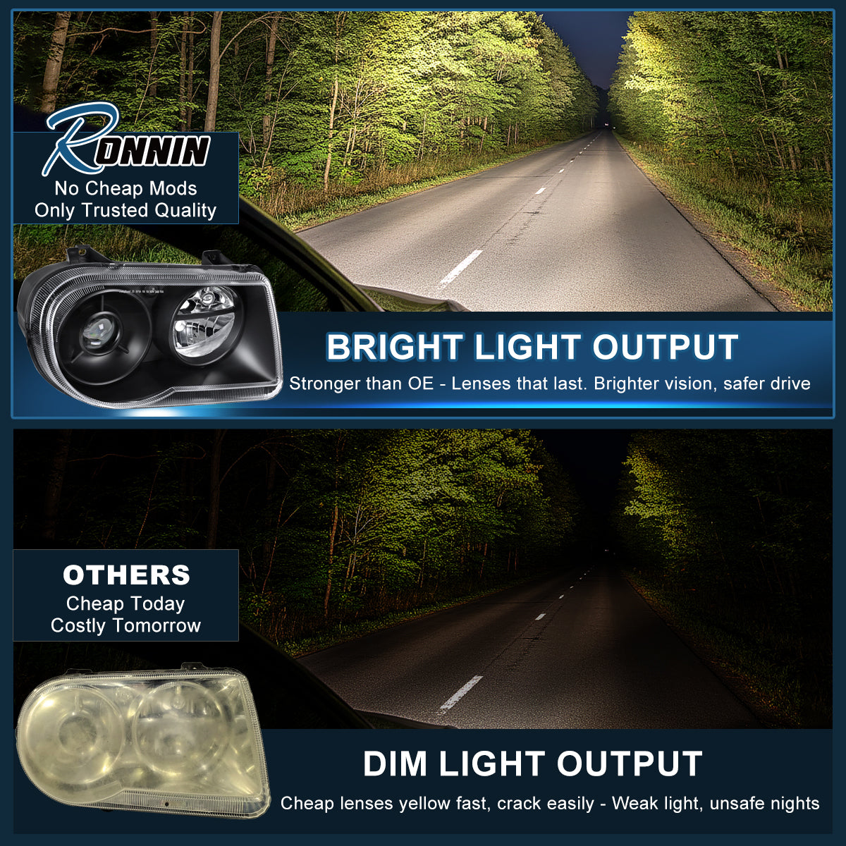 2005-2010 Chrysler 300C Halogen Projector Headlights Pair | Black
