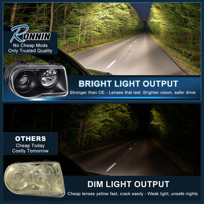 2005-2010 Chrysler 300C Halogen Projector Headlights Pair | Black