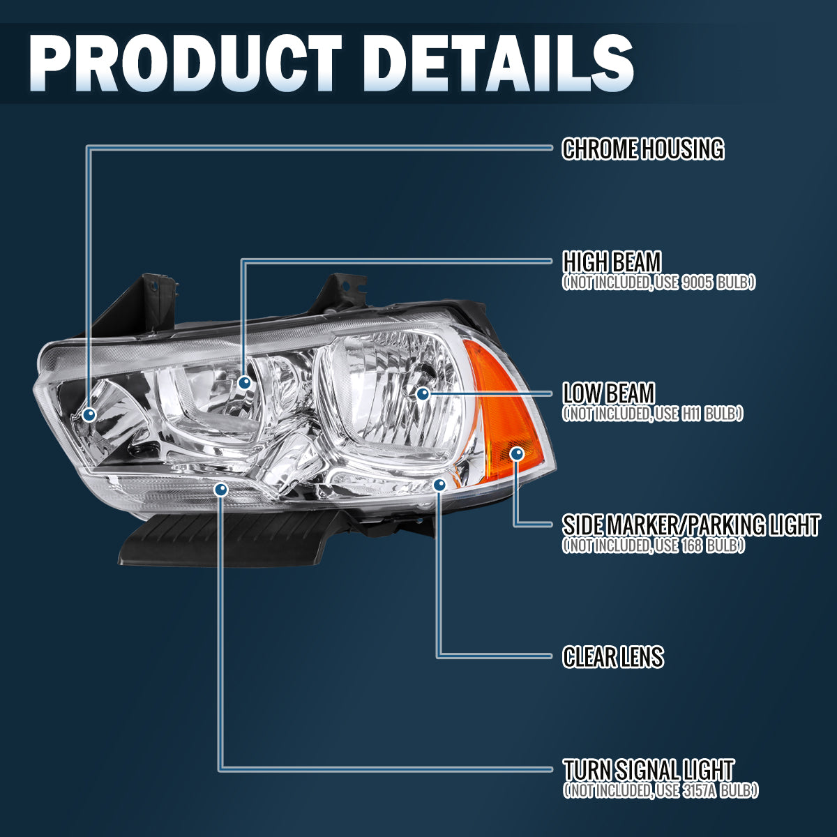2011-2014 Dodge Charger Halogen Headlights Pair | Chrome