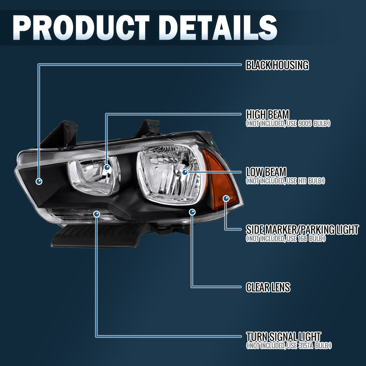 2011-2014 Dodge Charger Halogen Headlights Pair | Black