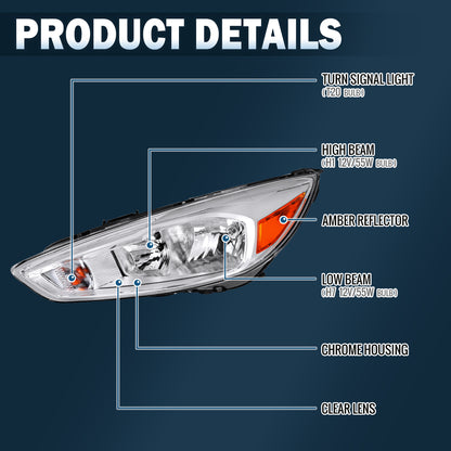 2015-2018 Ford Focus Halogen Headlights Pair | Chrome