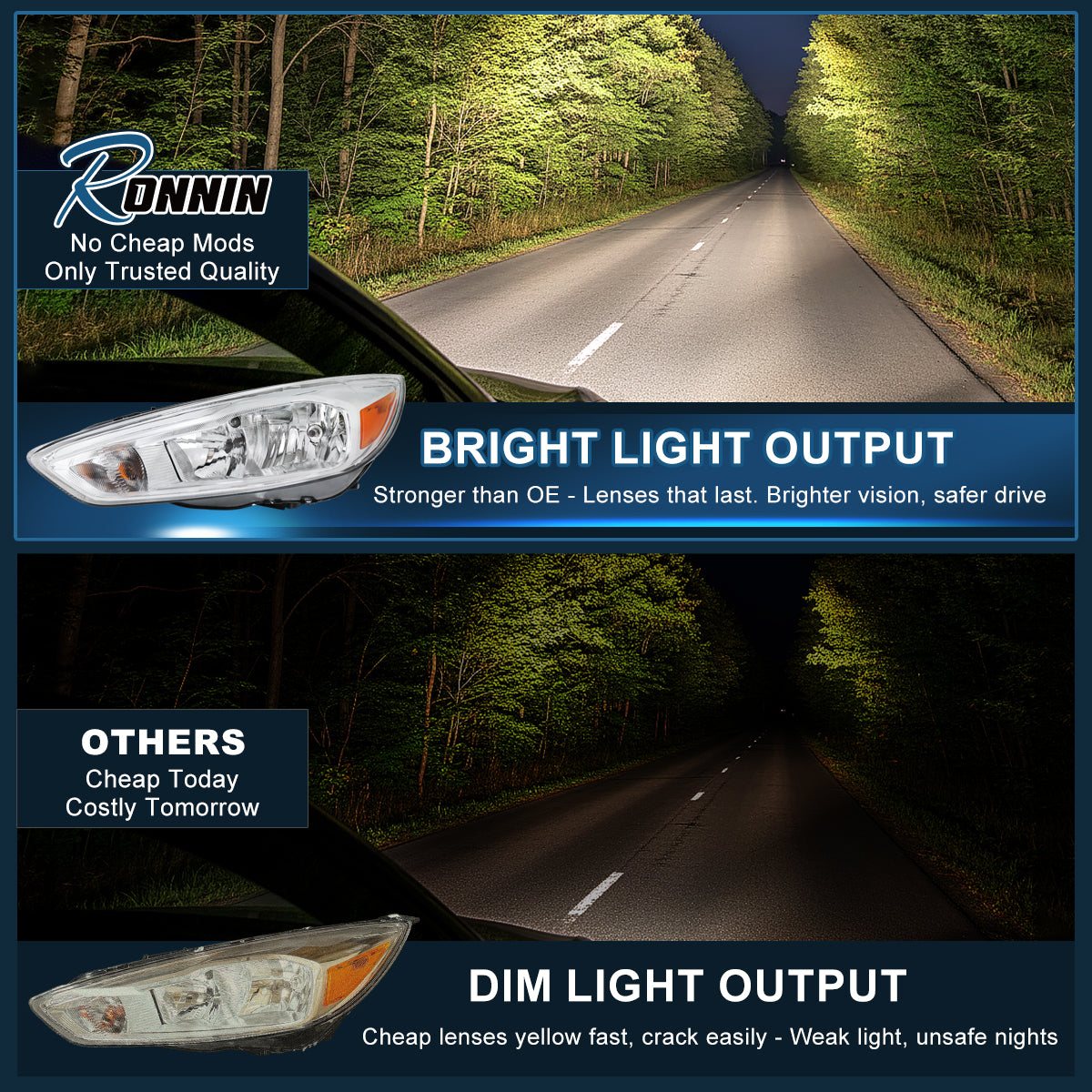 2015-2018 Ford Focus Halogen Headlights Pair | Chrome