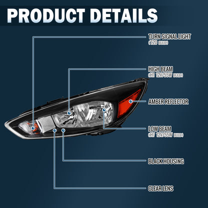 2015-2018 Ford Focus Halogen Headlights Pair | Black