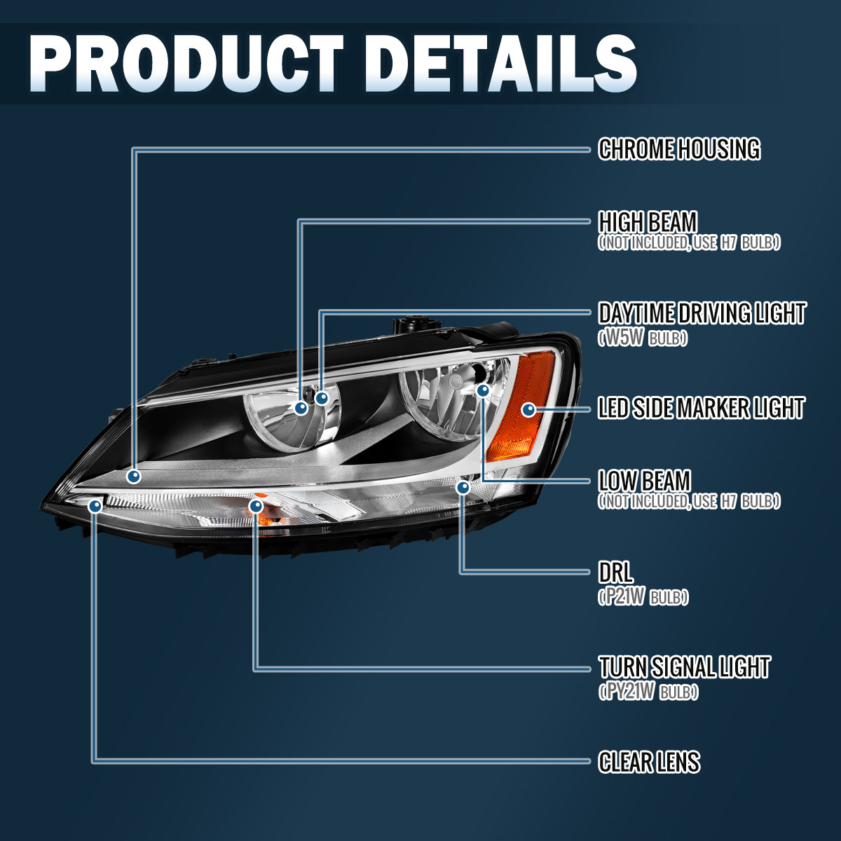2015-2018 Ford Focus Halogen Headlights Pair | Chrome