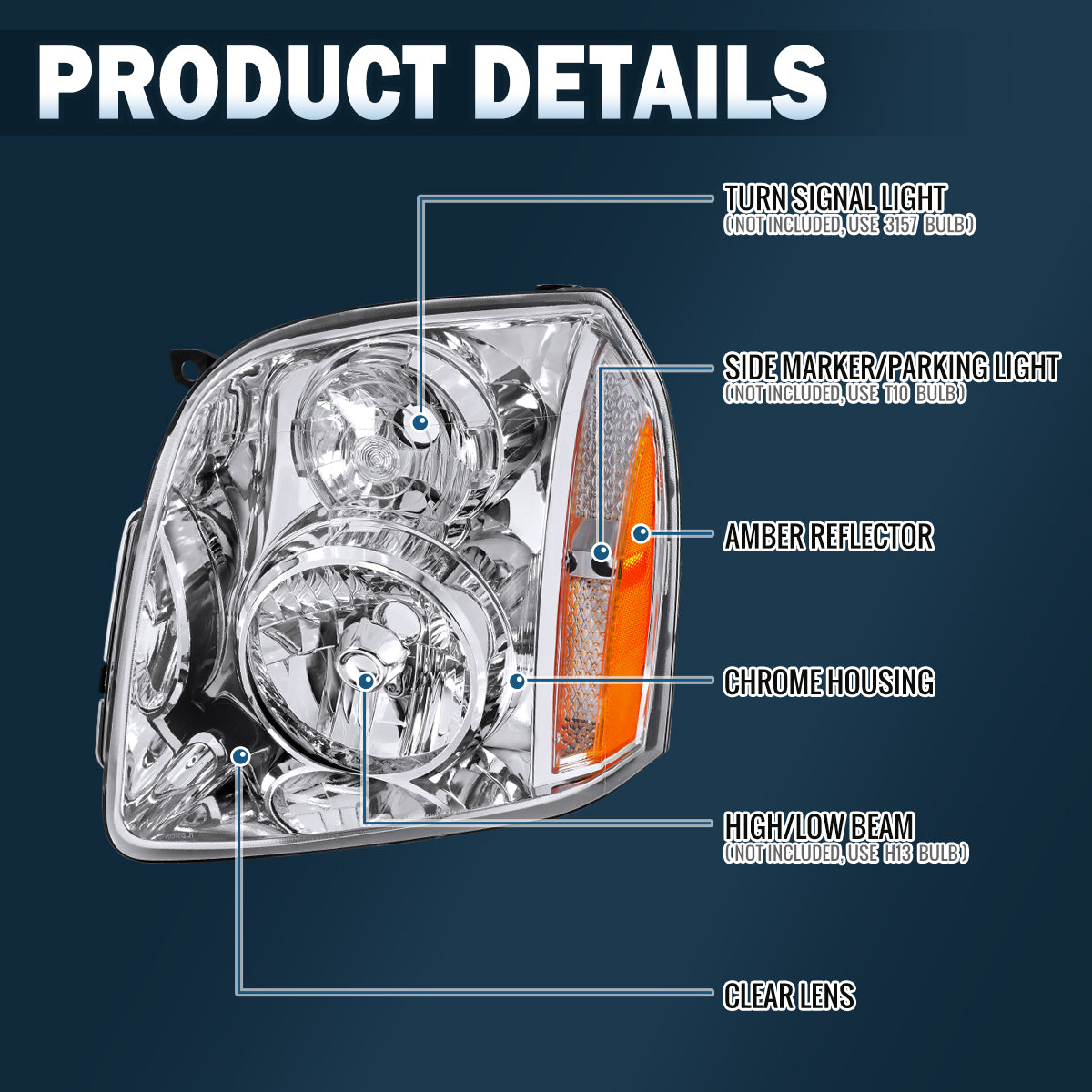 2007-2014 GMC Yukon Denali Halogen Headlights Pair | Chrome