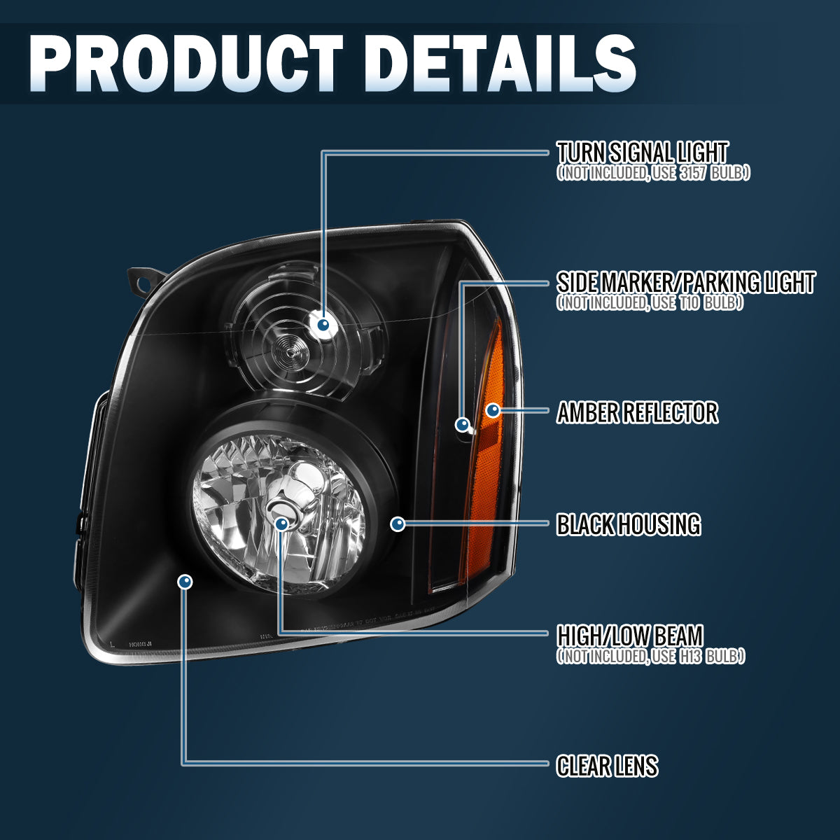 2007-2014 GMC Yukon Denali Halogen Headlights Pair | Black