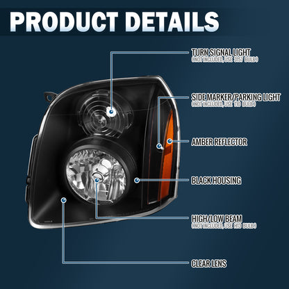 2007-2014 GMC Yukon Denali Halogen Headlights Pair | Black