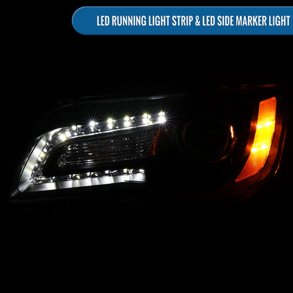 2011-2014 Chrysler 300 Projector Headlights Amber Reflector LED DRL Halogen Style Replacement Pair | Black