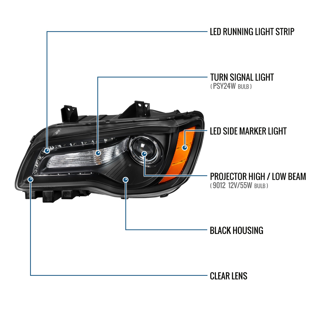 2011-2014 Chrysler 300 Projector Headlights Amber Reflector LED DRL Halogen Style Replacement Pair | Black