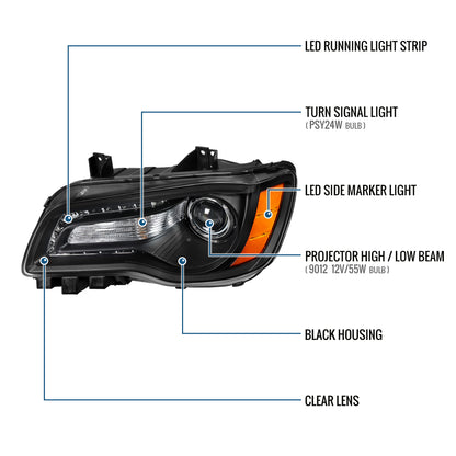 2011-2014 Chrysler 300 Projector Headlights Amber Reflector LED DRL Halogen Style Replacement Pair | Black