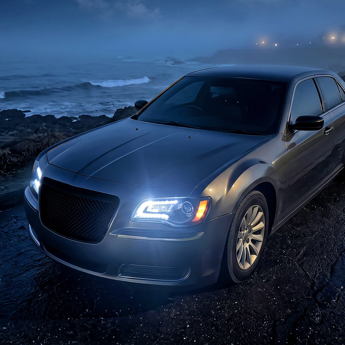 2011-2014 Chrysler 300 Projector Headlights Amber Reflector LED DRL Halogen Style Replacement Pair | Black