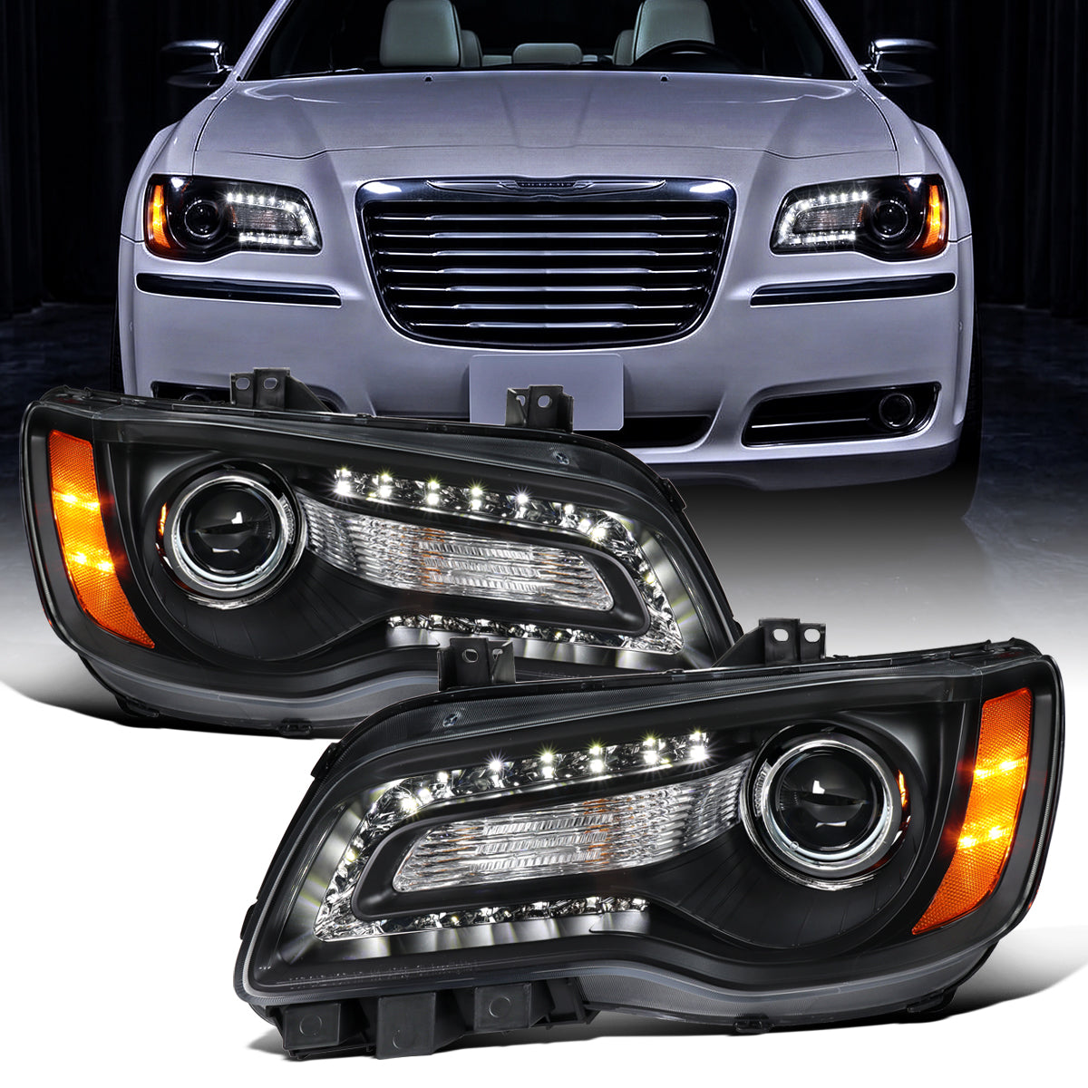 2011-2014 Chrysler 300 Projector Headlights Amber Reflector LED DRL Halogen Style Replacement Pair | Black