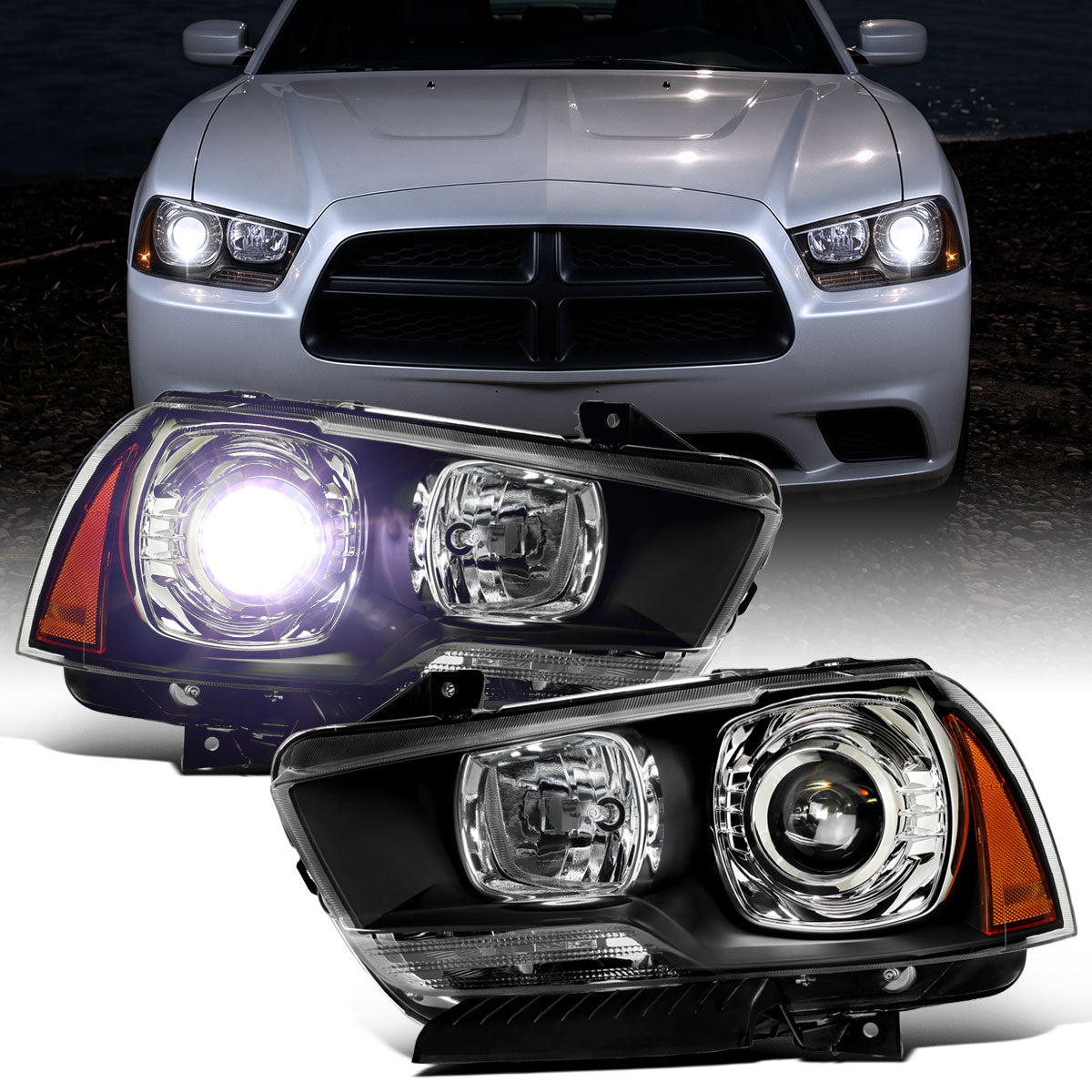 2011-2014 Dodge Charger HID type Projector Headlights Pair | Black