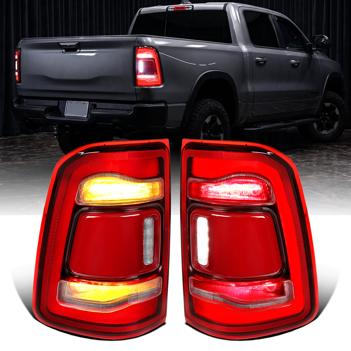 2019-2024 Ram 1500 Full LED Tube Tail Lights New Body Style Assembly Pair | Red Clear