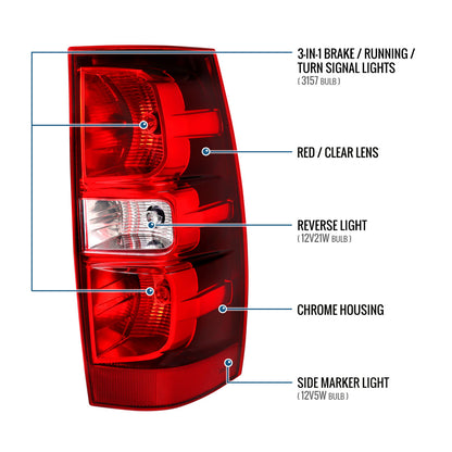 2007-2014 Chevy Suburban 1500 2500 Tahoe Tail Lights Assembly Pair | Red Clear