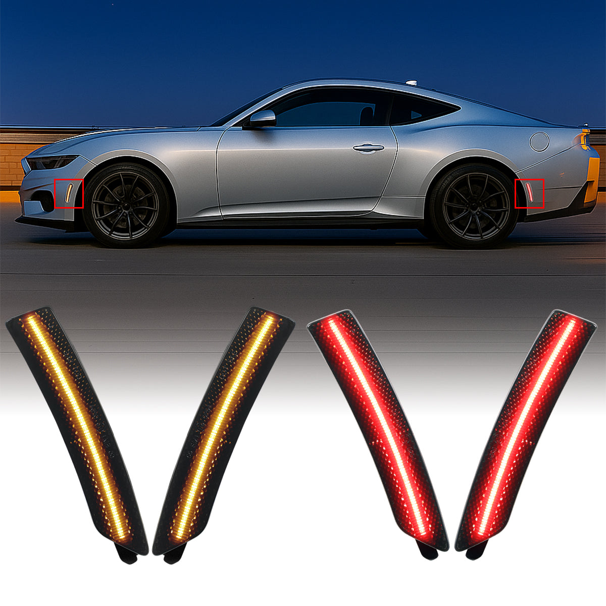 Ronnin - Compatible con Ford Mustang 2024-2025 Conjunto de luces LED de posición laterales mejoradas para parachoques delantero + trasero | Ahumado