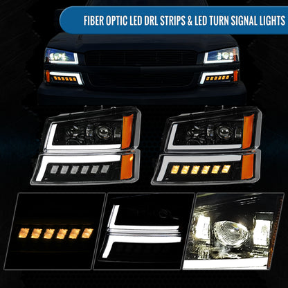 Ronnin - Fits 2003-2006 2007 Chevy Silverado 2002-2006 Avalanche Full LED Projector Headlights + Bumper Lamps DRL Assembly Pair | Glossy Black