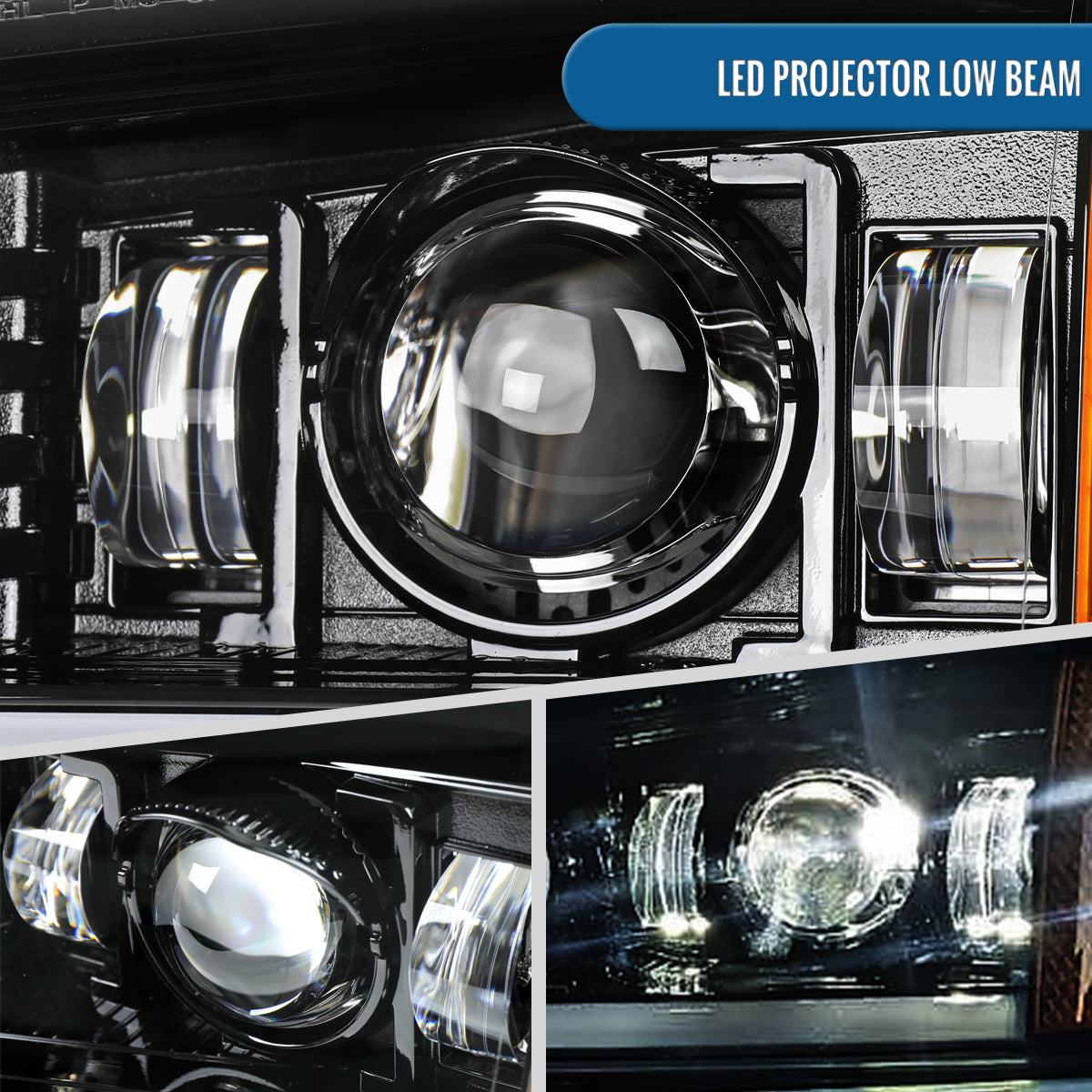 Ronnin - Fits 2003-2006 2007 Chevy Silverado 2002-2006 Avalanche Full LED Projector Headlights + Bumper Lamps DRL Assembly Pair | Glossy Black