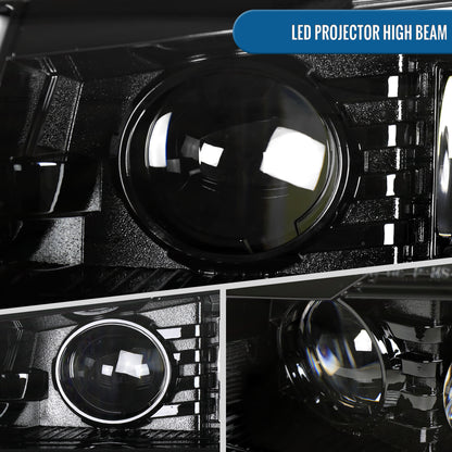Ronnin - Fits 2003-2006 2007 Chevy Silverado 2002-2006 Avalanche Full LED Projector Headlights + Bumper Lamps DRL Assembly Pair | Glossy Black