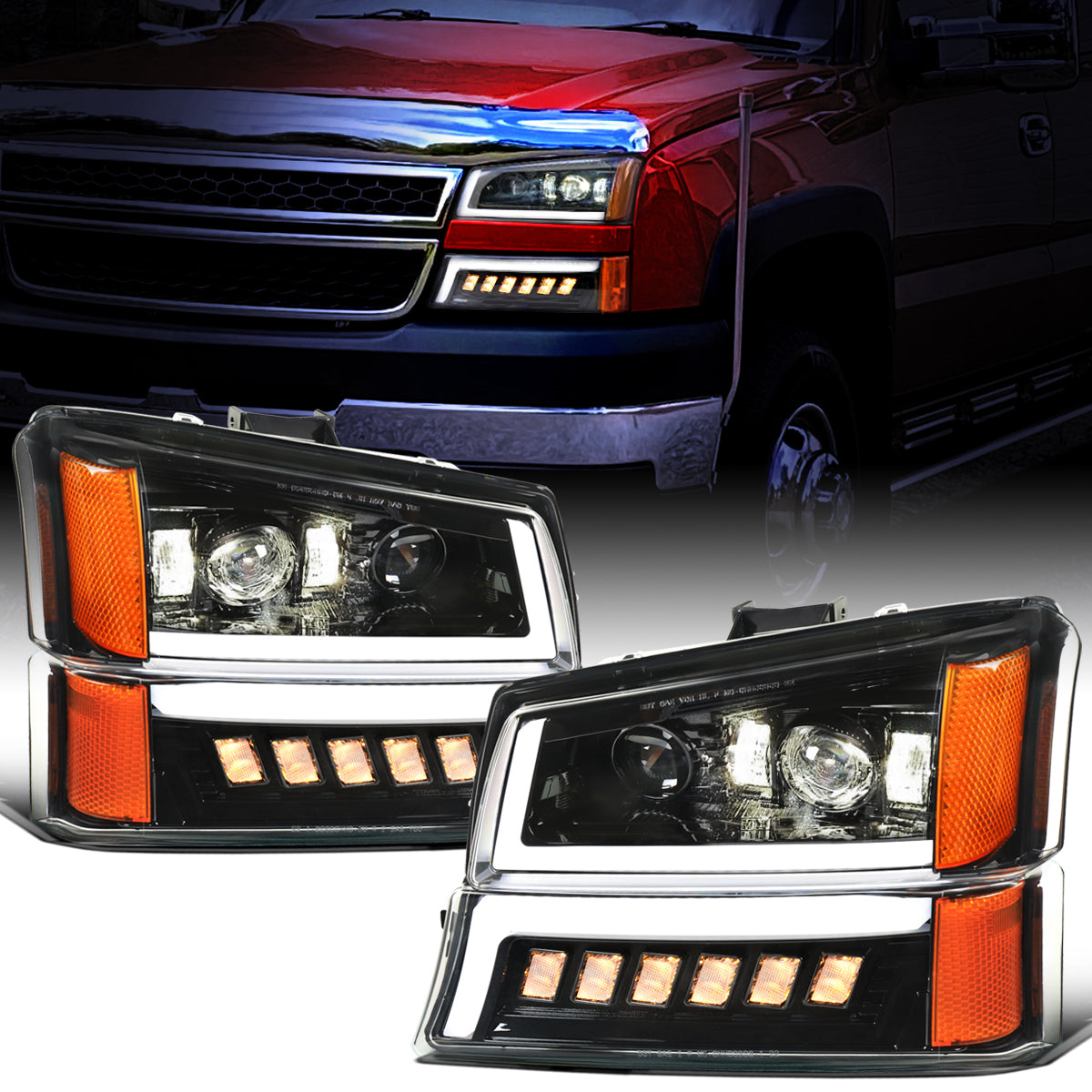 Ronnin - Fits 2003-2006 2007 Chevy Silverado 2002-2006 Avalanche Full LED Projector Headlights + Bumper Lamps DRL Assembly Pair | Glossy Black