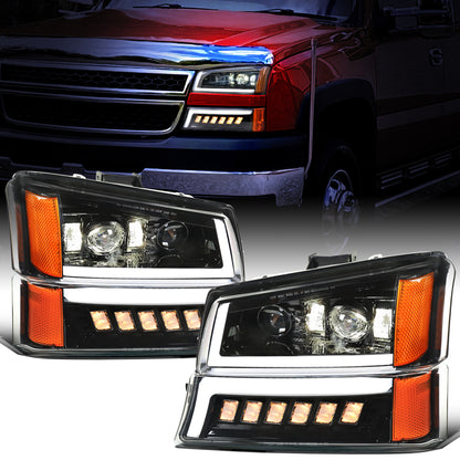 Ronnin - Fits 2003-2006 2007 Chevy Silverado 2002-2006 Avalanche Full LED Projector Headlights + Bumper Lamps DRL Assembly Pair | Glossy Black