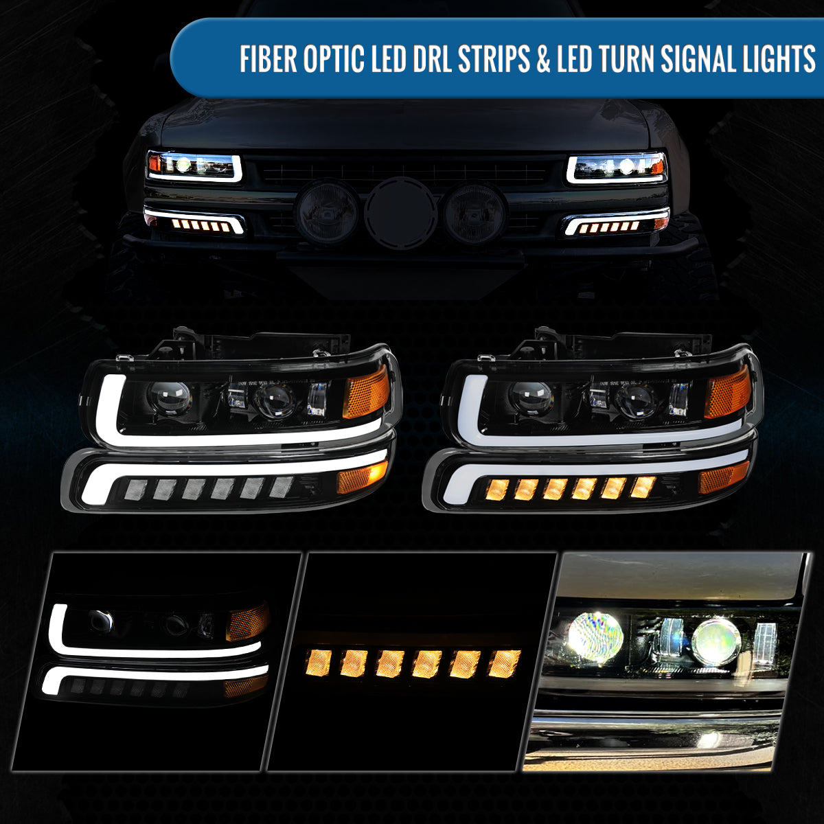 Ronnin - Fits 1999-2002 Chevy Silverado 2000-2006 Suburban 2000-2006 Tahoe Full LED Projector Headlights + Bumper Lamps DRL Assembly Pair | Glossy Black