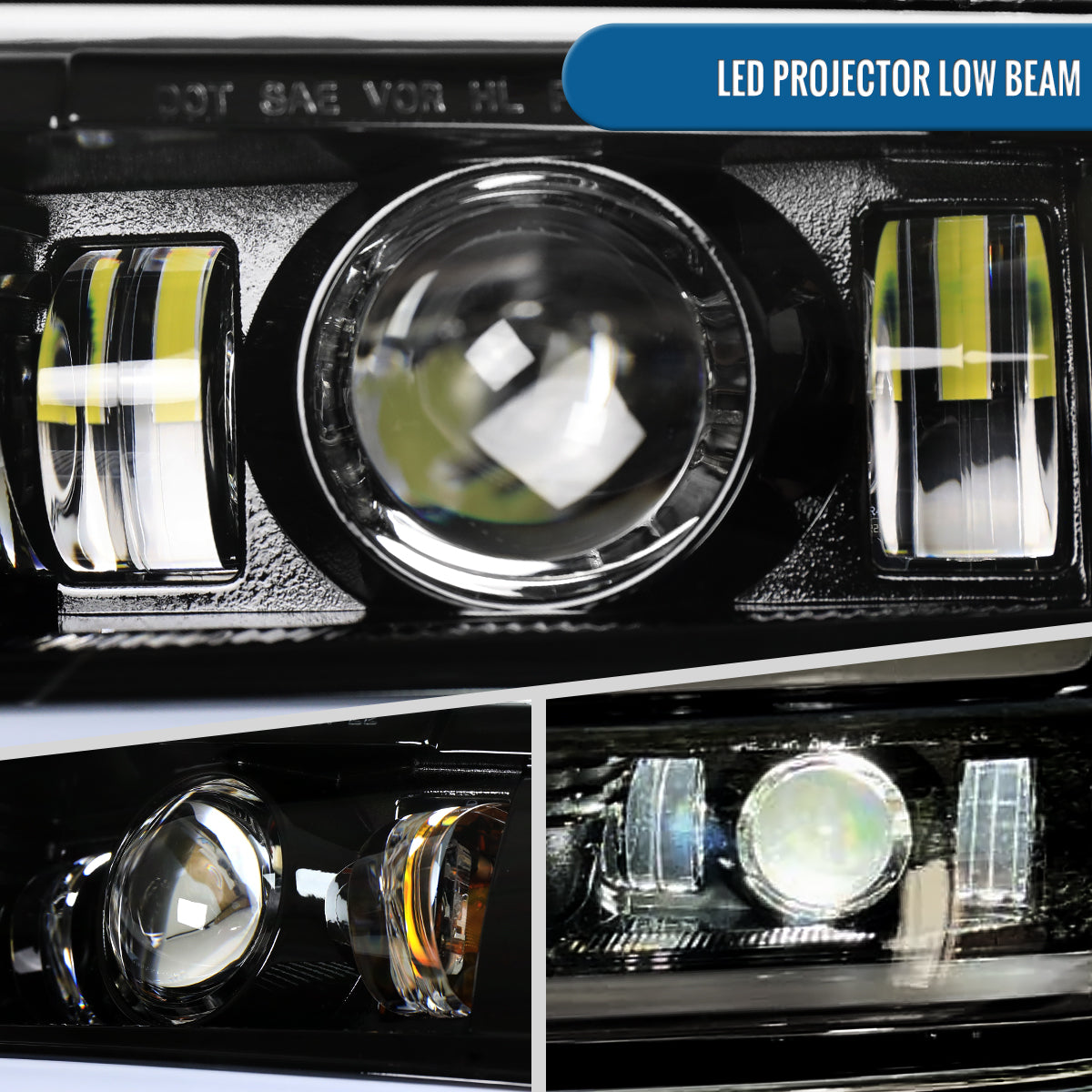 Ronnin - Fits 1999-2002 Chevy Silverado 2000-2006 Suburban 2000-2006 Tahoe Full LED Projector Headlights + Bumper Lamps DRL Assembly Pair | Glossy Black