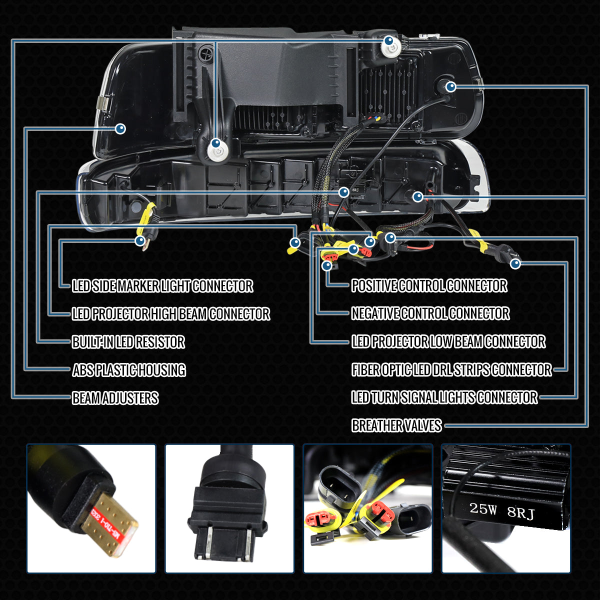 Ronnin - Fits 1999-2002 Chevy Silverado 2000-2006 Suburban 2000-2006 Tahoe Full LED Projector Headlights + Bumper Lamps DRL Assembly Pair | Glossy Black