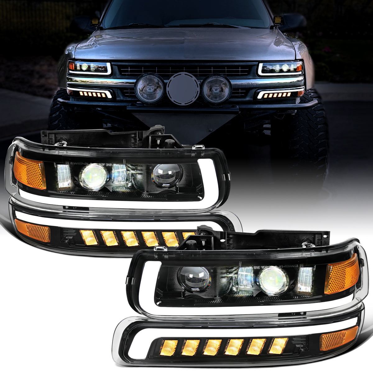 Ronnin - Fits 1999-2002 Chevy Silverado 2000-2006 Suburban 2000-2006 Tahoe Full LED Projector Headlights + Bumper Lamps DRL Assembly Pair | Glossy Black