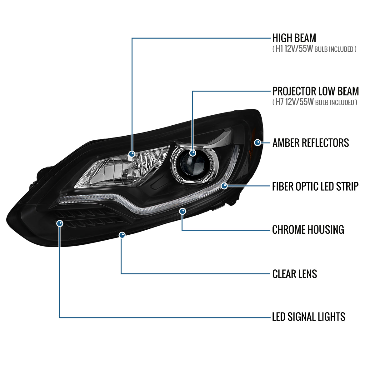 2012-2014 Ford Focus Upgrade Replacement LED Running Lights + Turn Signals Halogen Projector Headlights Assembly Pair | Black