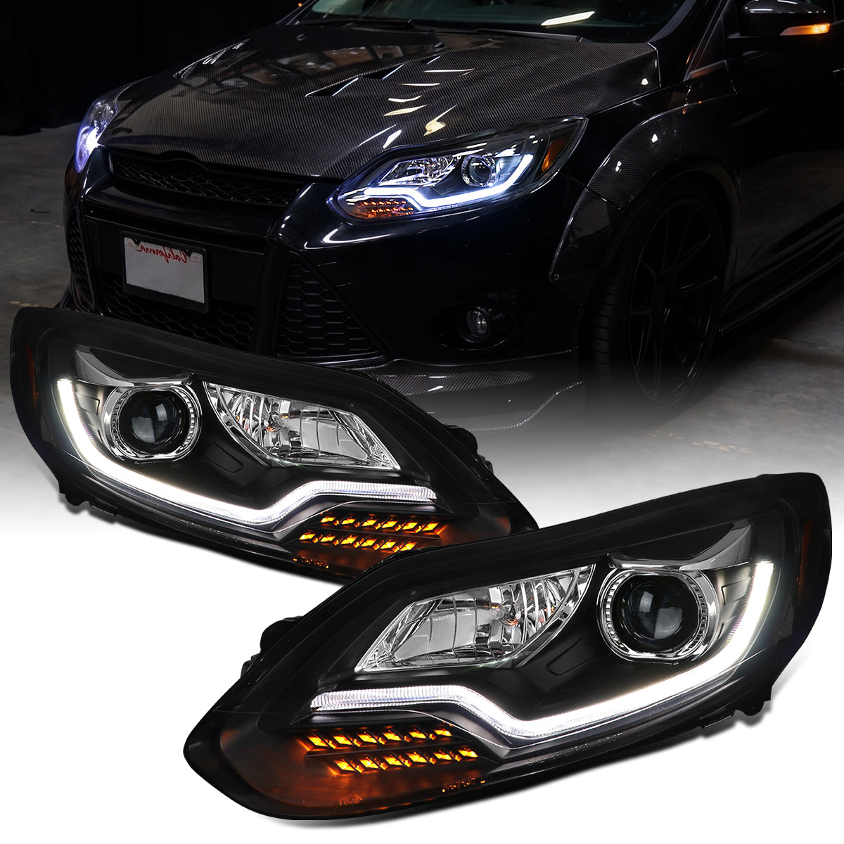 2012-2014 Ford Focus Upgrade Replacement LED Running Lights + Turn Signals Halogen Projector Headlights Assembly Pair | Black