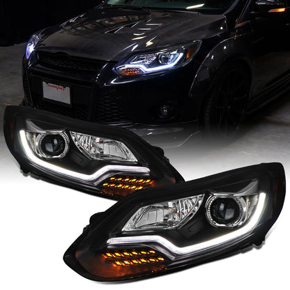 2012-2014 Ford Focus Upgrade Replacement LED Running Lights + Turn Signals Halogen Projector Headlights Assembly Pair | Black