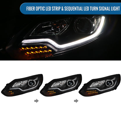 2012-2014 Ford Focus Upgrade Replacement LED Sequential Turn Signals Halogen Projector Headlights Assembly Pair | Black