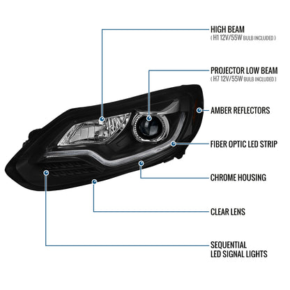 2012-2014 Ford Focus Upgrade Replacement LED Sequential Turn Signals Halogen Projector Headlights Assembly Pair | Black