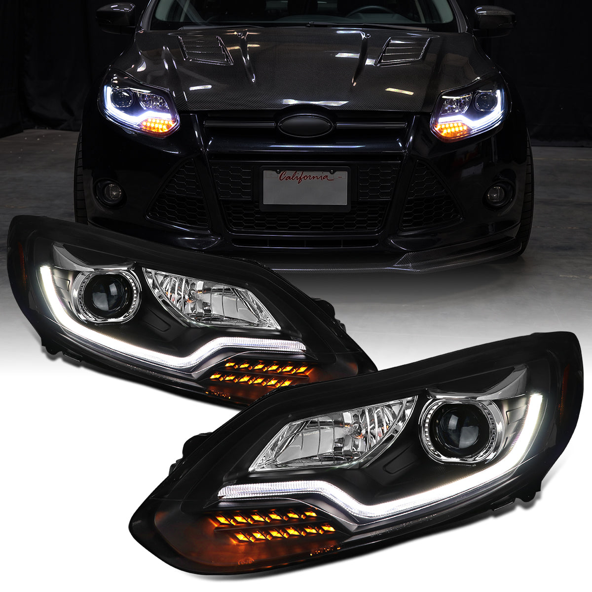 2012-2014 Ford Focus Upgrade Replacement LED Sequential Turn Signals Halogen Projector Headlights Assembly Pair | Black