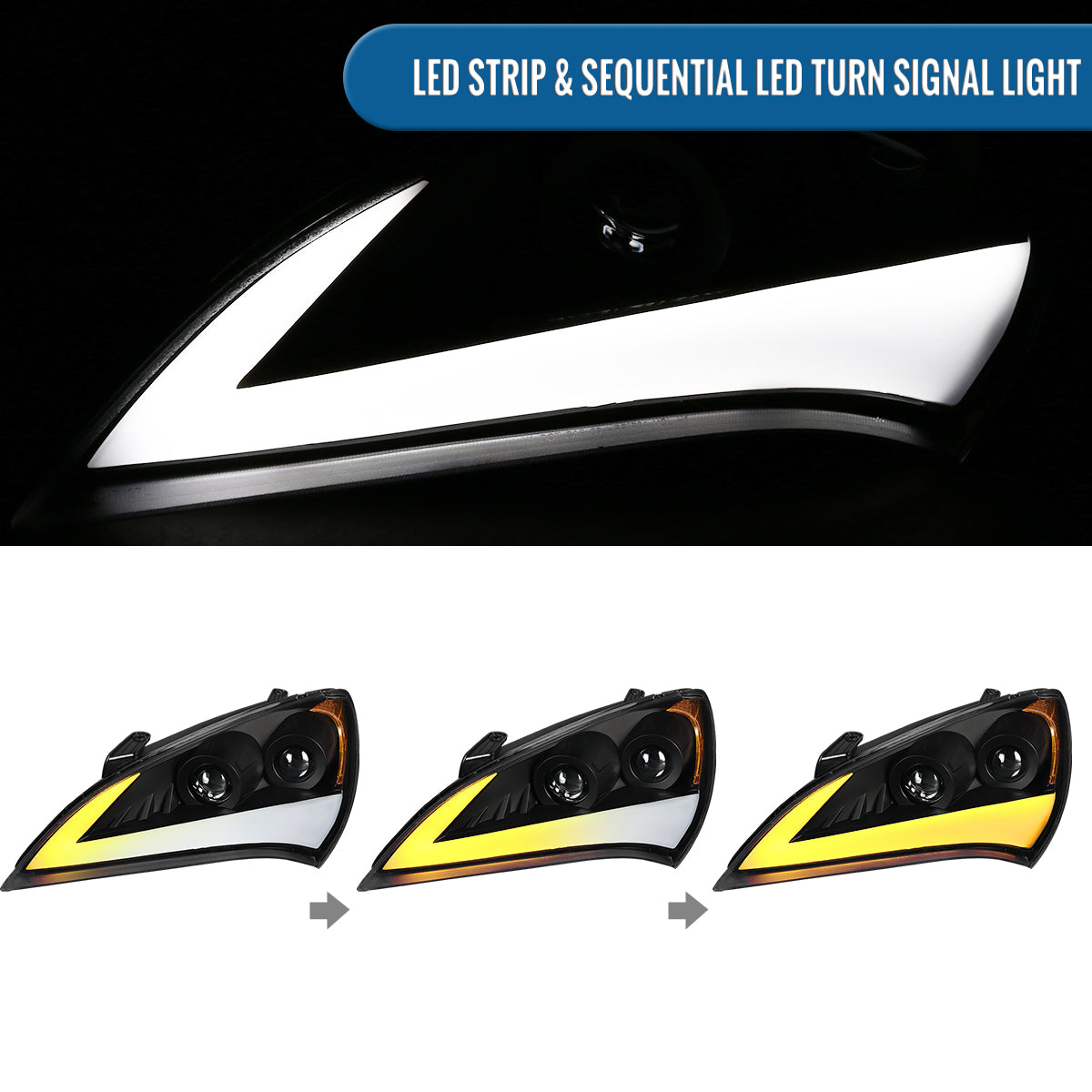 Ronnin - Se adapta a Hyundai Genesis Coupe 2010-2012 Mejora de luces direccionales LED secuenciales Faros halógenos de doble proyector Ensamblaje de par | Negro