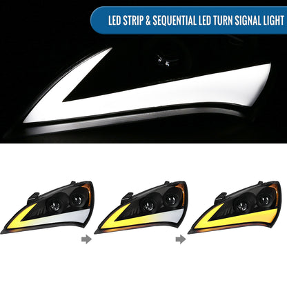Ronnin - Se adapta a Hyundai Genesis Coupe 2010-2012 Mejora de luces direccionales LED secuenciales Faros halógenos de doble proyector Ensamblaje de par | Negro