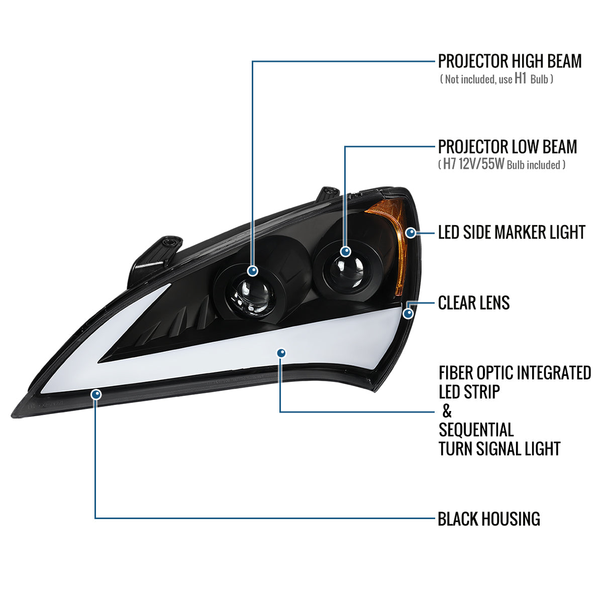 Ronnin - Se adapta a Hyundai Genesis Coupe 2010-2012 Mejora de luces direccionales LED secuenciales Faros halógenos de doble proyector Ensamblaje de par | Negro