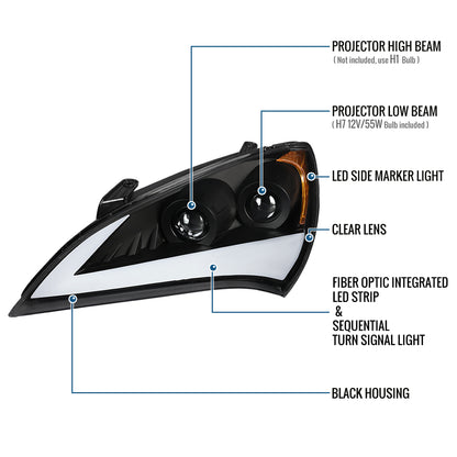 Ronnin - Se adapta a Hyundai Genesis Coupe 2010-2012 Mejora de luces direccionales LED secuenciales Faros halógenos de doble proyector Ensamblaje de par | Negro