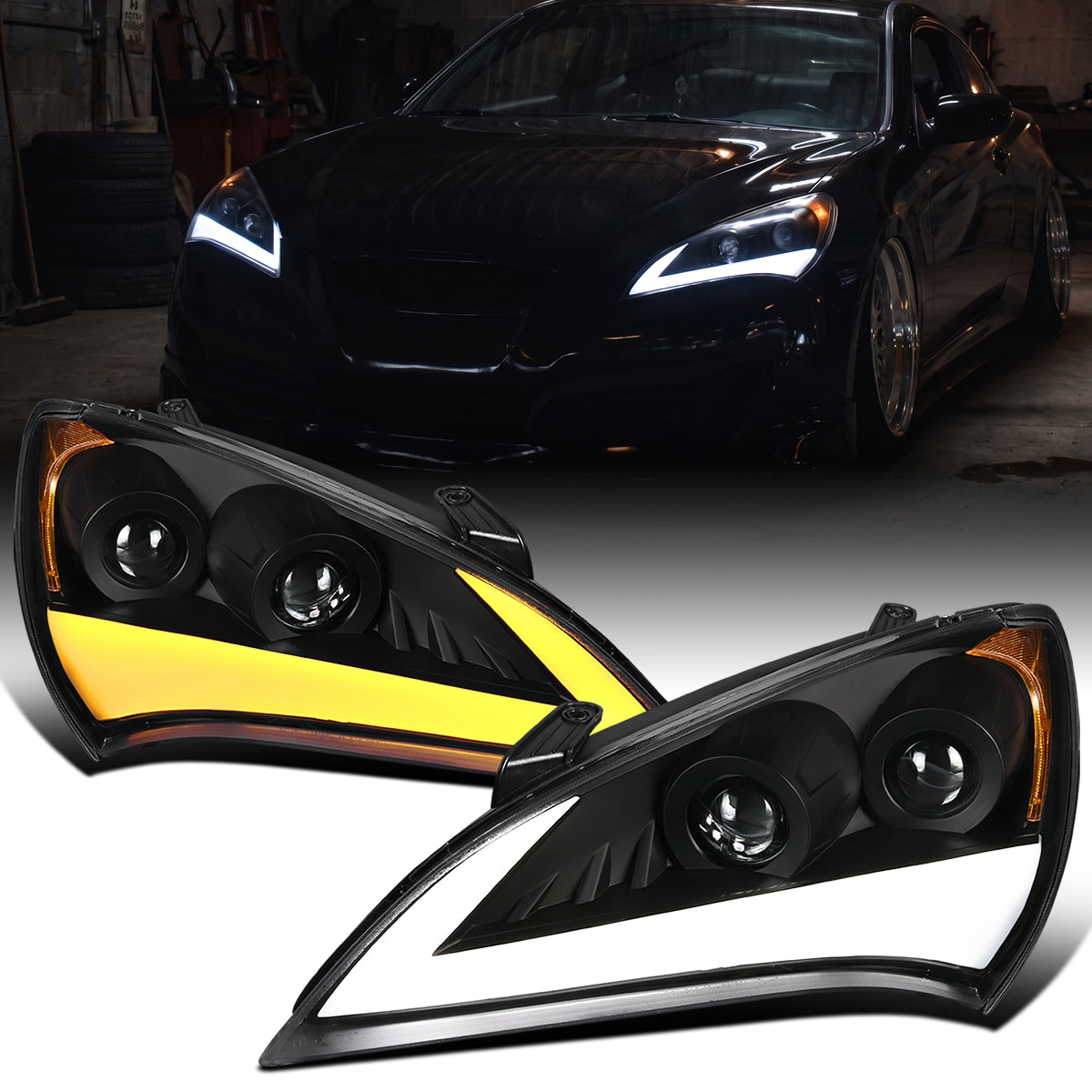 Ronnin - Se adapta a Hyundai Genesis Coupe 2010-2012 Mejora de luces direccionales LED secuenciales Faros halógenos de doble proyector Ensamblaje de par | Negro