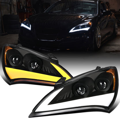 Ronnin - Se adapta a Hyundai Genesis Coupe 2010-2012 Mejora de luces direccionales LED secuenciales Faros halógenos de doble proyector Ensamblaje de par | Negro