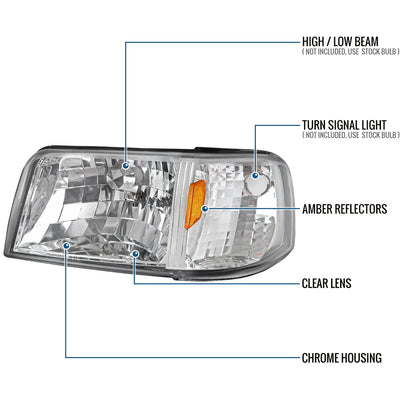 1993-1997 Ford Ranger  Replacement Headlights + Corner Turn Signal Lights Assembly Pair | Chrome