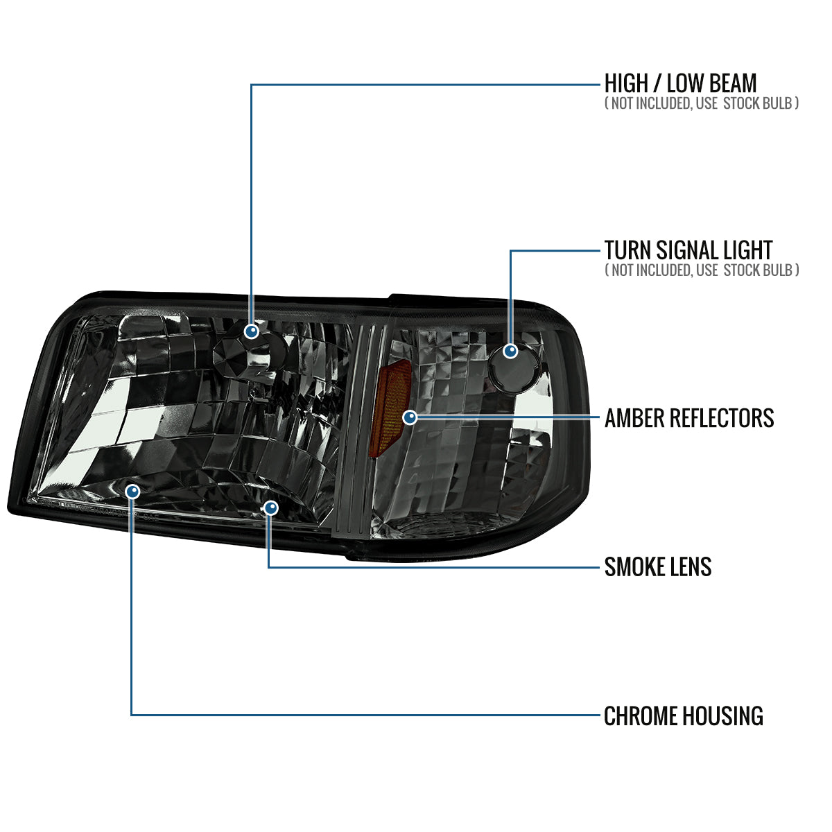 1993-1997 Ford Ranger  Replacement Headlights + Corner Turn Signal Lights Assembly Pair | Smoke